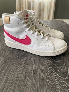 Nike Women’s High-Top Sneaker — White with Pink Swoosh